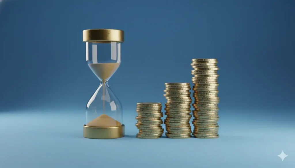 Sanduhr und wachsende Stapel Münzen symbolisieren Zeitwert