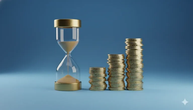 Sanduhr und wachsende Stapel Münzen symbolisieren Zeitwert