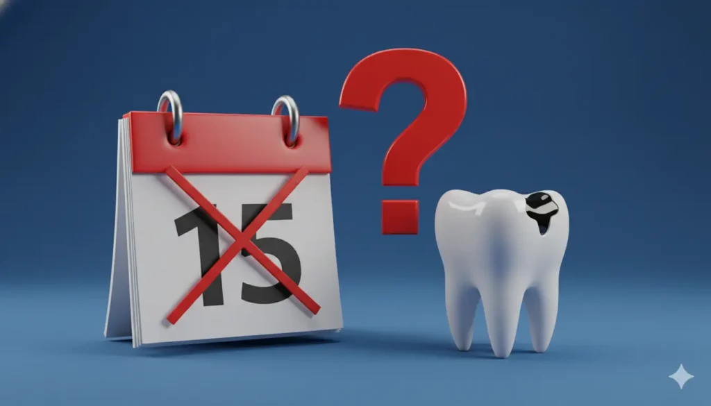 Kalender, Fragezeichen und Zahn mit Karies