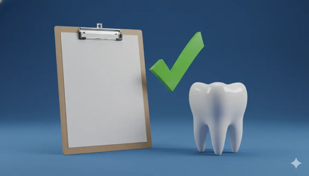 Zahn mit Checkliste und grünem Häkchen
