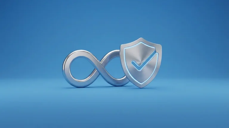 Unendlichkeitssymbol mit Schutzschild auf blauem Hintergrund