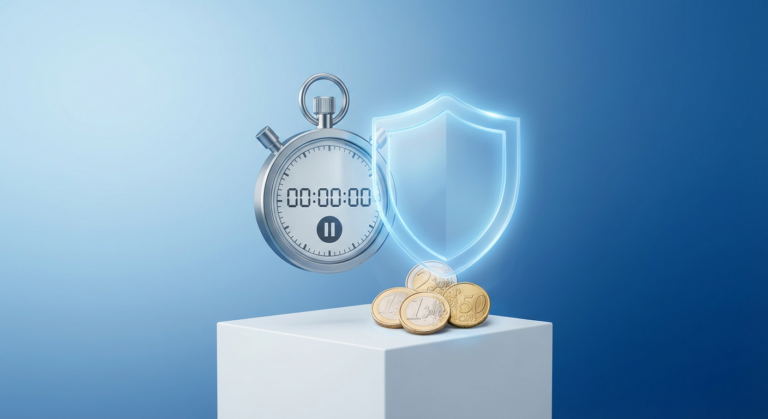 Stoppuhr, Schild und Münzen symbolisieren Finanzsicherheit