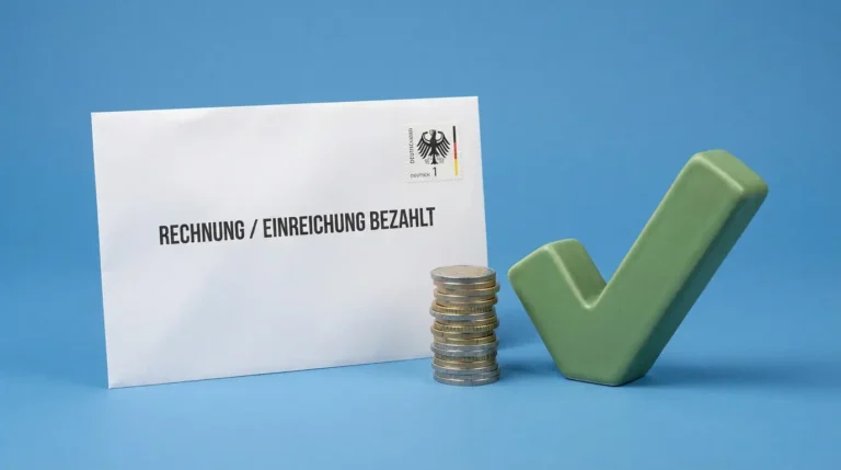 Bezahlte Rechnung mit Münzen und Häkchen