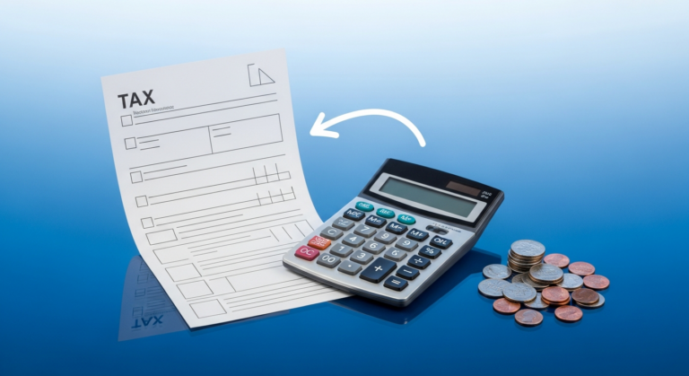 Steuerformular mit Taschenrechner und Münzen