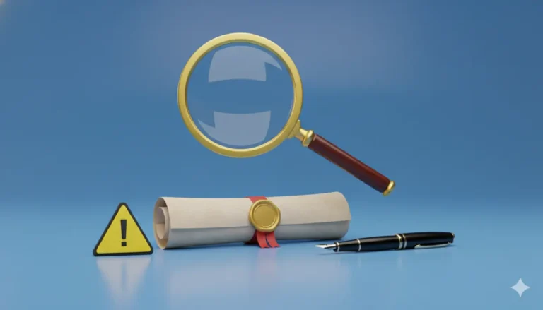 Lupe, Dokument, Stift und Warnsymbol auf blauem Hintergrund