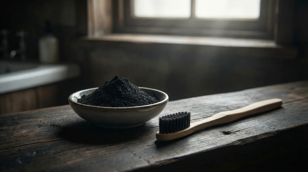 Aktivkohle und Zahnbürste auf Holztisch