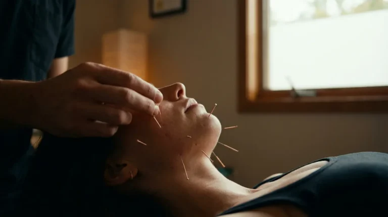 Frau erhält Akupunkturbehandlung im Gesicht