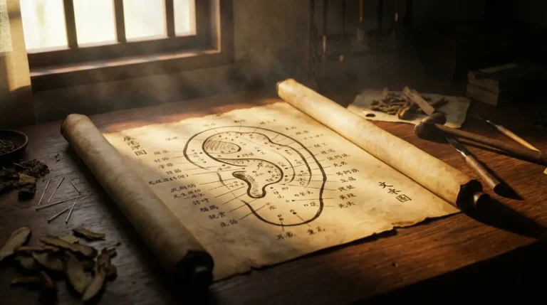 Alte chinesische Ohrakupunkturkarte auf Holzschreibtisch