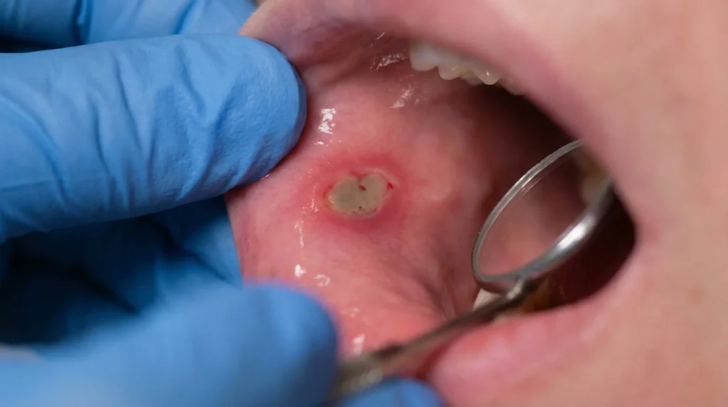 Aphte an der Mundschleimhaut bei zahnärztlicher Untersuchung