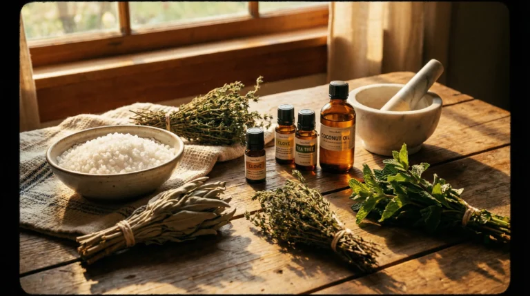 Ätherische Öle, Kräuter und Meersalz auf Holztisch