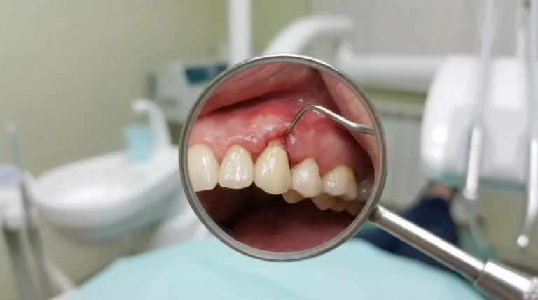 Zahnarzt untersucht entzündetes Zahnfleisch mit Spiegel