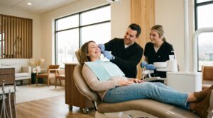 Zahnarzt behandelt lachende Patientin in moderner Praxis