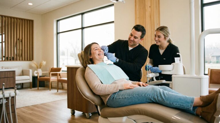 Zahnarzt behandelt lachende Patientin in moderner Praxis