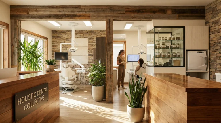 Moderne ganzheitliche Zahnarztpraxis mit natürlicher Holzeinrichtung