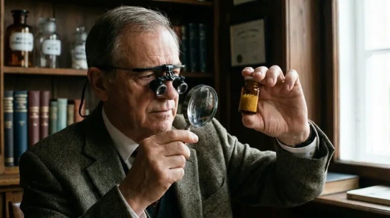 Wissenschaftler untersucht Fläschchen mit Lupe im Labor.