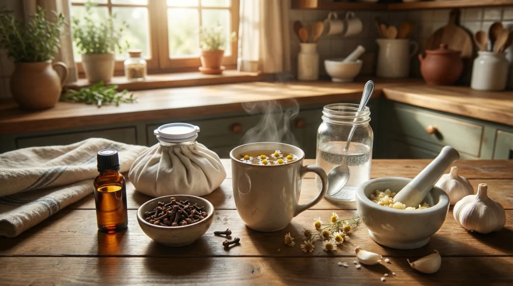 Hausgemachte Kräuterarznei mit Kamillentee und Knoblauch