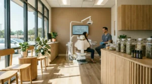Modernes ganzheitliches Zahnarztpraxis-Interieur mit Patientin und Zahnarzt