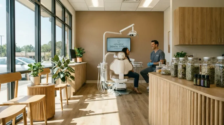 Modernes ganzheitliches Zahnarztpraxis-Interieur mit Patientin und Zahnarzt