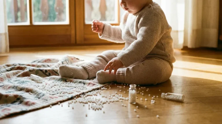 Baby spielt auf Decke mit verstreuten Kügelchen