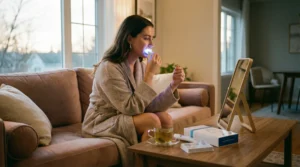 Frau nutzt LED-Zahnaufhellungsgerät im Wohnzimmer