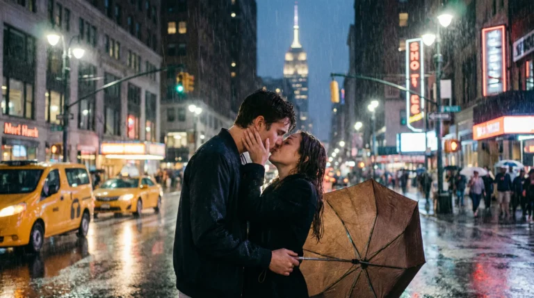 Paar küsst sich im Regen in der Stadt