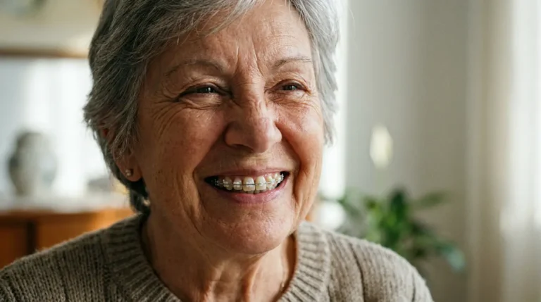 Lächelnde ältere Frau mit grauen Haaren
