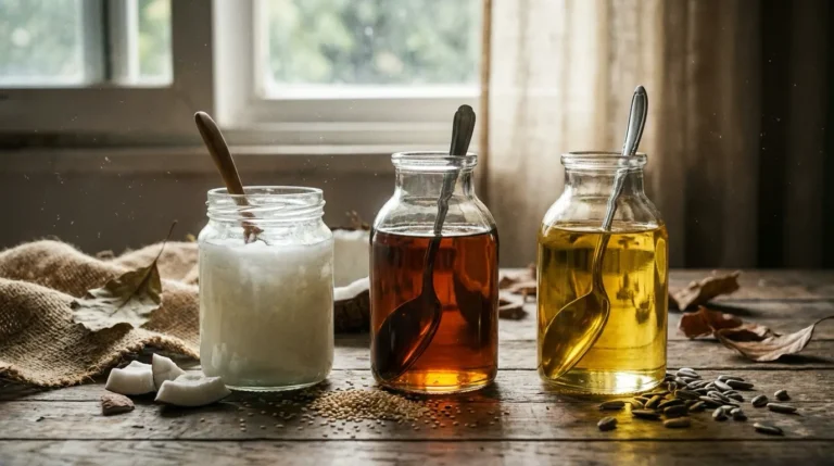 Drei Gläser mit verschiedenen Pflanzenölen auf Holztisch