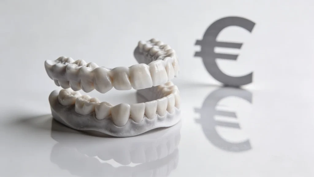 Zahnersatz neben Eurozeichen auf weißem Hintergrund