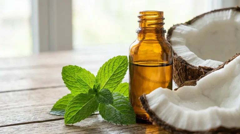 Kokosölflasche mit frischer Minze auf Holztisch