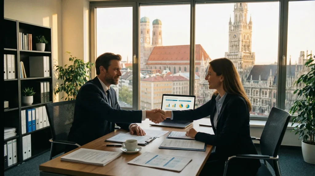 Geschäftsleute geben sich im Büro die Hand