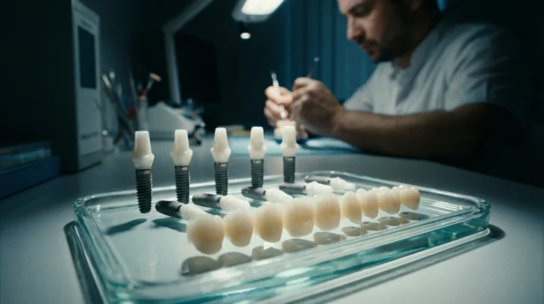 Zahntechniker arbeitet an Zahnimplantaten im Labor