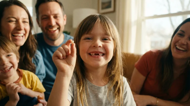 Lachende Familie mit Kind zeigt ausgefallenen Zahn