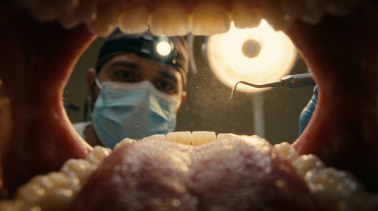 Zahnarzt untersucht Mund mit Dentalwerkzeug und Stirnlampe.