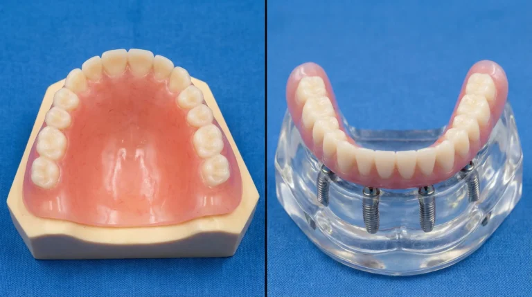 Zahnprothesenmodelle auf blauem Hintergrund