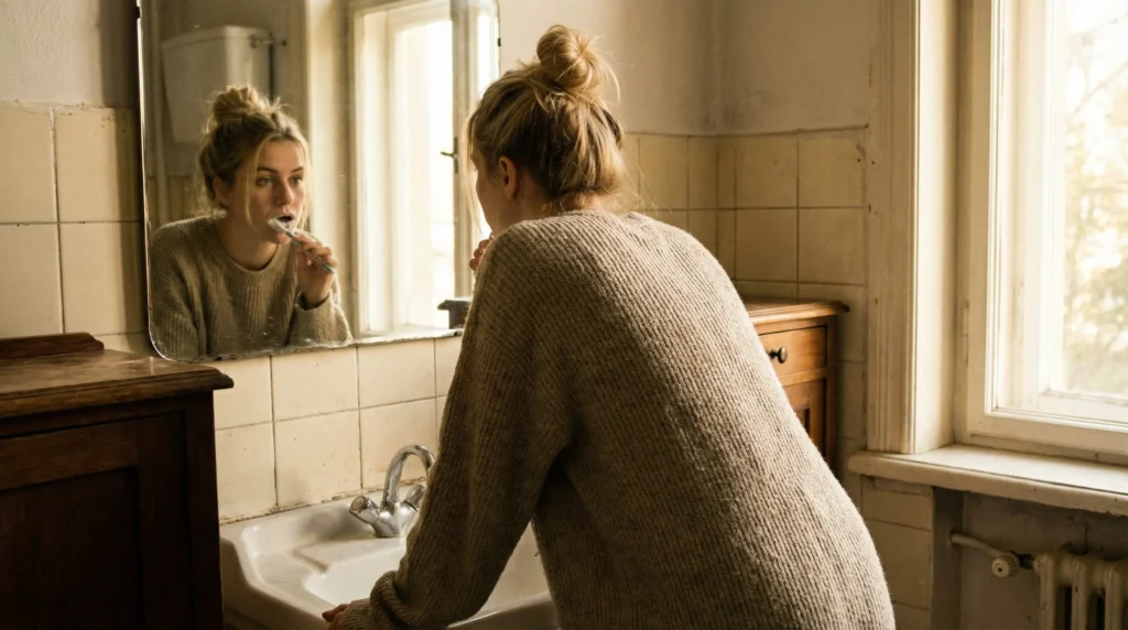 Frau putzt sich morgens die Zähne im Badezimmer