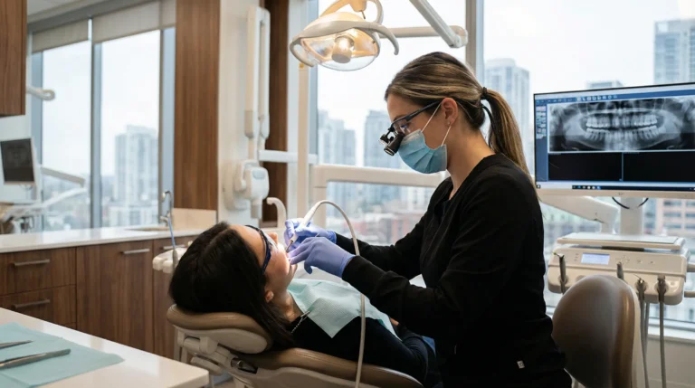 Zahnärztin behandelt Patientin in moderner Zahnarztpraxis