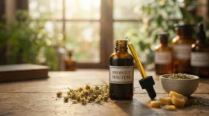 Propolis Tinkturflasche auf Holztisch mit Kräutern