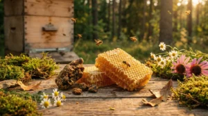 Bienenwaben und Bienen im sonnigen Garten