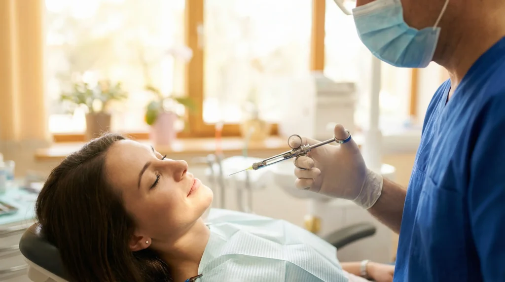 Zahnarzt bereitet Spritze für Patientin vor