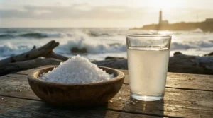 Meersalz und Glas Wasser am Strand