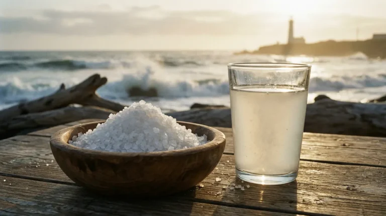 Meersalz und Glas Wasser am Strand