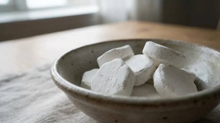 Keramikschale mit weißen Tabletten auf Holztisch