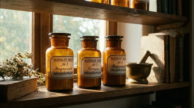 Braune Apothekerflaschen mit Etiketten auf Holzregal