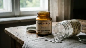 Schüßler-Salze Flaschen und Tabletten auf Holztisch