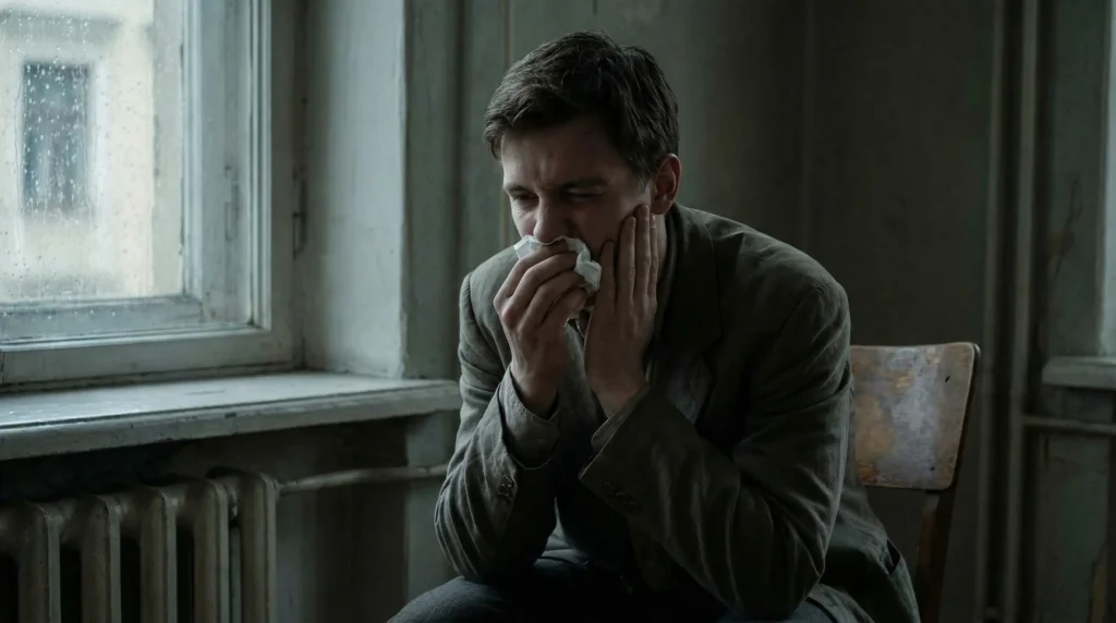 Mann sitzt traurig am Fenster mit Taschentuch