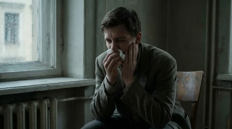 Mann sitzt traurig am Fenster mit Taschentuch