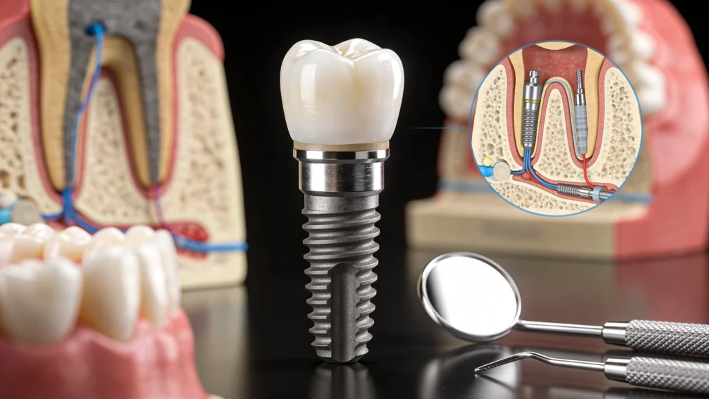 Zahnimplantatmodell mit Zahnstruktur und Dentalwerkzeugen