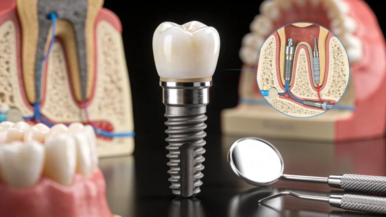 Zahnimplantatmodell mit Zahnstruktur und Dentalwerkzeugen