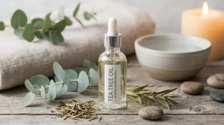 Teebaumöl Flasche mit Eukalyptus und Kerze