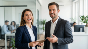 Geschäftsleute lächeln im modernen Büro